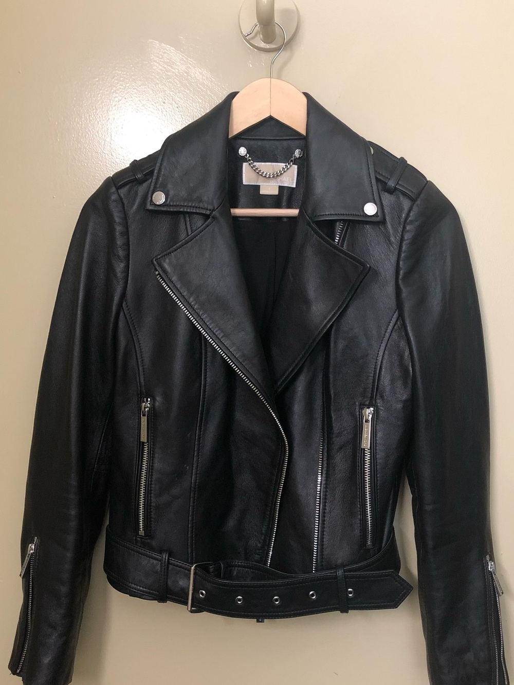 MICHAEL Michael Kors Black Leather Moto Jacket with Belt, Size Small